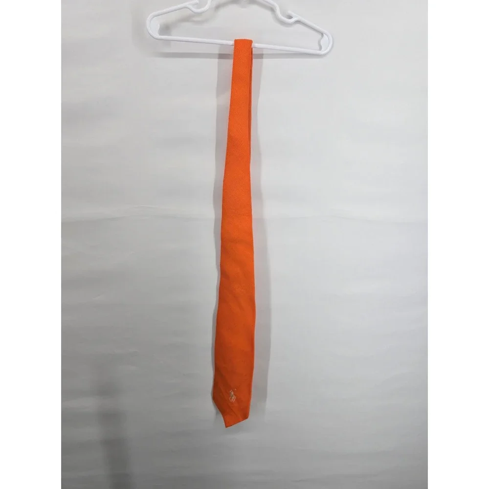 Polo Ralph Lauren Mens Orange Textured Silk Linen Blend Necktie Embroidered Pony